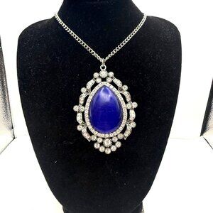 Large Blue Teardrop Statement Necklace Rhinestone Silver Tone Vintage Style Pend